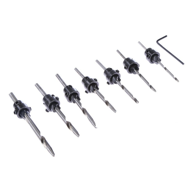7 pcs Countersink Drill Bit Set,Tampered Drill Wood Screw Drills Stop Collar Woodworking Countersinks Drills Bits,Poly Bag Pack 
